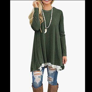 Women's Crew Neck LS Lace Swing Shirt Dresses Long Tunic Blouse for Leggings